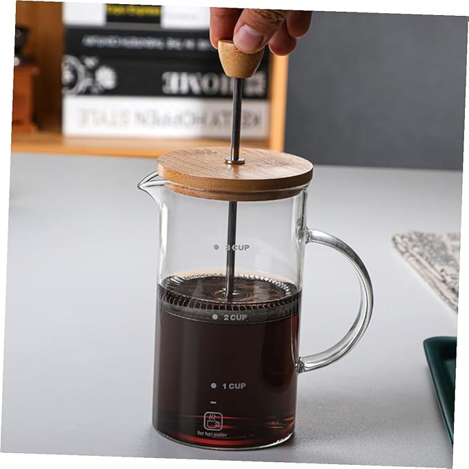 Toyvian Borosilicate Glass Coffee Pot with Lid Plunger Kettle for Loose Tea and Home Brewing Heat Resistant Professional Coffee Maker with Flavor-extracting Mesh and Measurement Scale