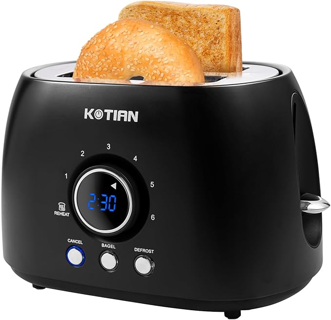 Toaster 2 SliceKOTIAN Retro Toaster1.5 Extra Wide SlotStainless Steel Toasters BagelDefrostReheatCancel Function 6 Toast Settings Digital TimerRemovable TrayMatte Black