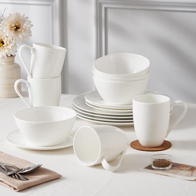 Silvanest16 Piece Bone China Dinnerware Set Embossed Plates Bowls Chip-Resistant Lightweight Elegant and Durable Service for 4 White