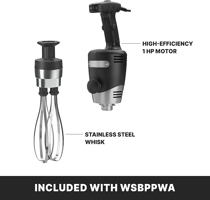 Waring Commercial Big Stix Heavy Duty Stick Immersion Hand Held Blender 10 Dual Whisk Shaft Submersible 1 HP 750 Watt Variable Speed Professional Restaurant Kitchen Grade 120V 5-15P WSBPPWA