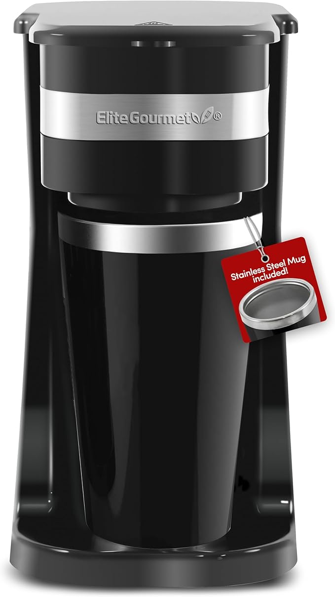 Elite Gourmet EHC113 Personal Single-Serve Compact Coffee Maker Brewer Includes 14Oz. Stainless Steel Interior Thermal Travel Mug Compatible with Coffee Grounds Reusable Filter Black