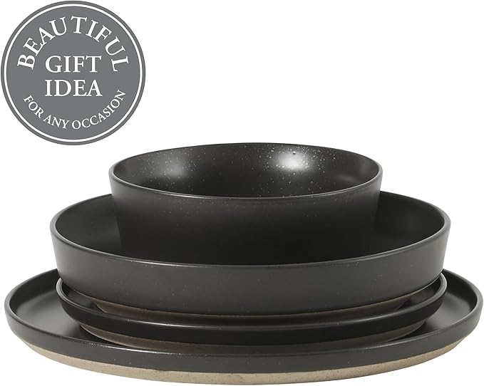 Gibson Elite Overbrook 16-Piece Pottery Clay Stoneware Dinnerware Set – Black Reactive Glaze Stackable Plates and Bowls W/Pasta Bowl Service for 4 – Microwave &amp Dishwasher Safe