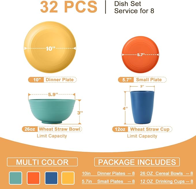 Homienly 40 PCS Premium Wheat Straw Dinnerware Sets Reusable Plates and Bowls Sets for Kitchen Lightweight and Unbreakable Dishwasher and Microwave Safe Dishes Set - Colorful