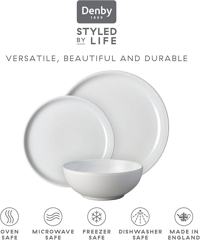 Denby - Elements Stone White Dinner Set For 4-12 Piece Ceramic Tableware Set - Dishwasher Microwave Safe Crockery Set - 4 x Dinner Plates 4 x Medium Plates 4 x Cereal Bowls
