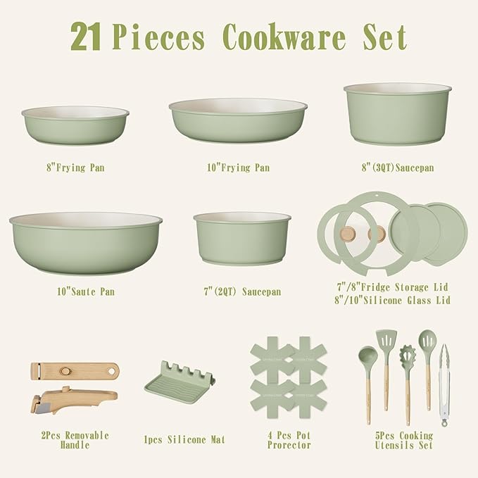 Umite Chef Non Stick Pots and Pans Set 21 Pcs Ceramic Kitchen Cookware Set with Detachable Handle Nonstick Healthy Induction Cookware Dishwasher RV Cookware Set Oven Safe Stackable Sage Green