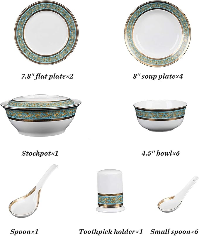 Dinner SetCeramics Dinner Set 22 Pieces Porcelain Dinnerware Sets | Bone China Soup Pot/Cereals Bowls/Steak Plates for Wedding Gifts and Restaurant