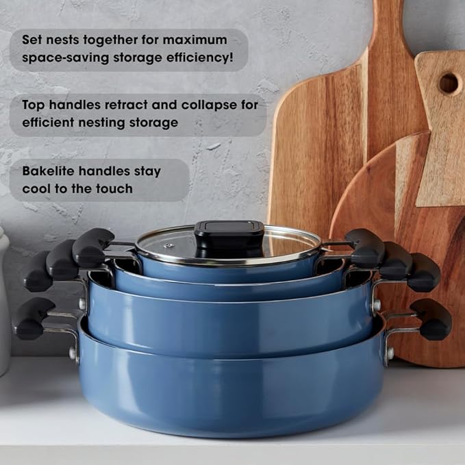 Denmark Tools for Cooks 7 Piece Ceramic Nonstick Aluminum Nesting Cookware Set Pots Pans Blue