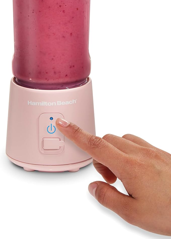 Hamilton Beach Mini Cordless Portable Personal Blender for Shakes and Smoothies USB Rechargeable 16 oz. Jar with Leakproof Travel Lid 6 Stainless Steel Blades Pink (51181)