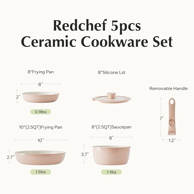 Redchef Ceramic Cookware Set Removable Handle Pots and Pans Non-Stick Rv Cookware Set Non-Toxic Pots and Pans Set No PFAS PTFE PFOA Detachable Pots and Pans Dishwasher &amp Oven Safe (Pink)