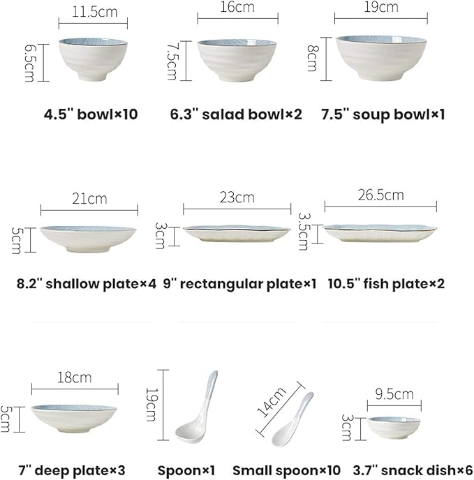 Ceramics Dinner Sets 50 Pieces Light Blue Dinnerware Set - Japanese-Style Porcelain Cereal Bowl and Steak Plate Set for Family Gathering and Restaurant