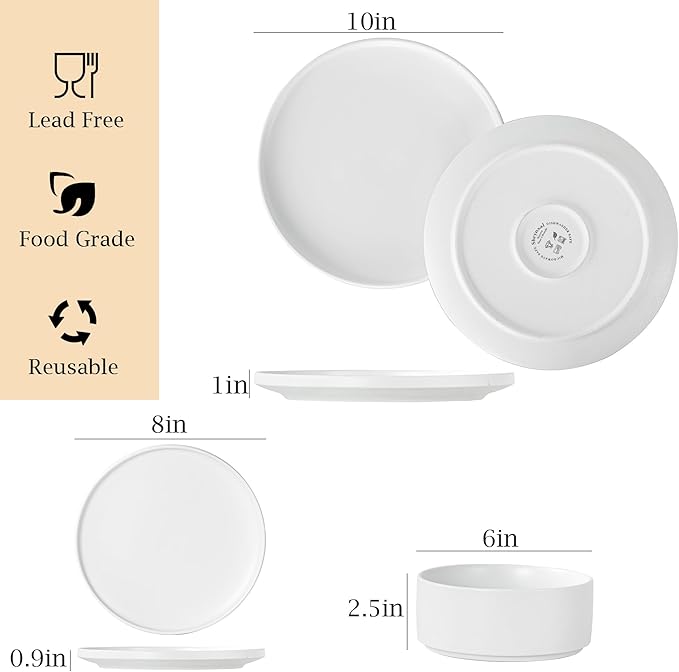Plates and Bowls Sets 12 Piece Ceramic Dinnerware Set for Family and Gatherings Dishes Set for 4 Dishwasher &amp Microwave Safe Handcrafted Stoneware Sets Modern White