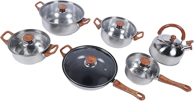 Stainless Steel Cookware Set Multifunctional Pots and Pans with Kettle Unique Wood Grain Design High Temperature Easy to Proof Ideal for Home Cooking