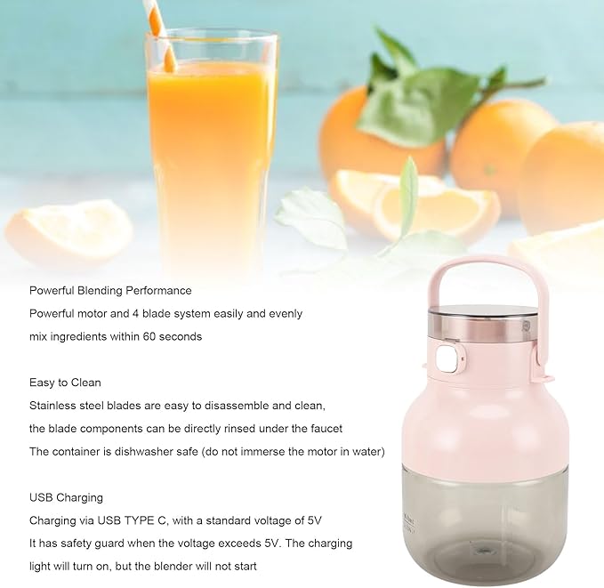 Portable Juicer Cup Juicer Cup with 1L Capacity 70W Powerful Blending Low Noise USB Blender for Travel Office Gym Personal Blender Juice Cup Blender for Shakes and Smoothies
