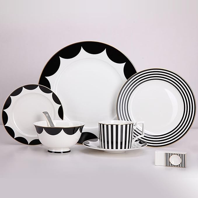European Style Dinnerware Set Service for 6 Bone China Dinnerware Sets Unbreakable Porcelain Dinner Sets Coffee Cup and Saucer Tableware Set Steak Dinner Plates Dish Set black and white-03
