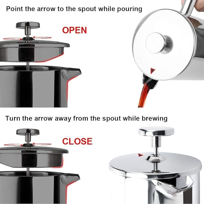 Secura French Press Coffee Maker 304 Grade Stainless Steel Insulated Coffee Press with 2 Extra Screens 34oz (1 Litre) Silver