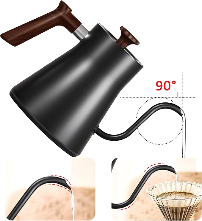 Gooseneck electric kettleAuto Boil Detection with Variable Temperature Control Stainless Steel Inner Ultra-Quiet 304 Stainless Steel1200W Quick Heating for Coffee Tea &amp Milk 0.9L(Black)