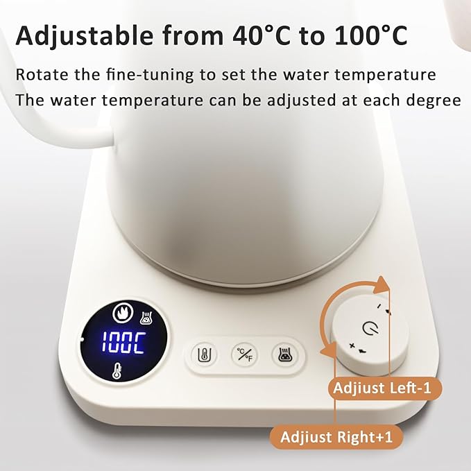 Gooseneck electric kettleAuto Boil Detection with Variable Temperature Control Stainless Steel Inner Ultra-Quiet 304 Stainless Steel1200W Quick Heating for Coffee Tea &amp Milk 0.9L (Beige）