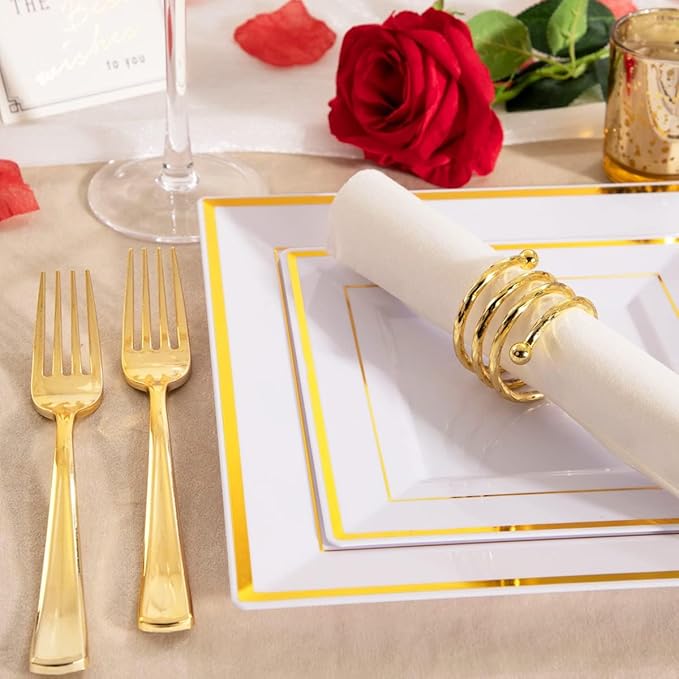 WDF 125pcs Gold Plastic Plates Set - Fall Plastic Plates Gold Rimmed Dinner &amp Salad Plate Silverware (25 Forks Knives Spoons) for Wedding Baby Shower Spring Birthday