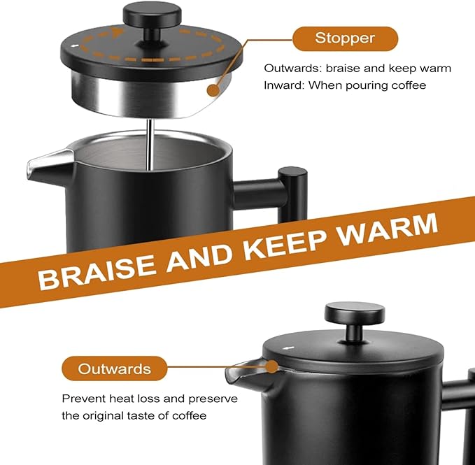 French Press Coffee MakerStainless Steel Double Wall Insulated Coffee Press 34 oz4-8 Cups Portable Hot Cold Brew Teapot Cafetera for Coffee Bar Accessories Kitchen Camping (Black34oz)
