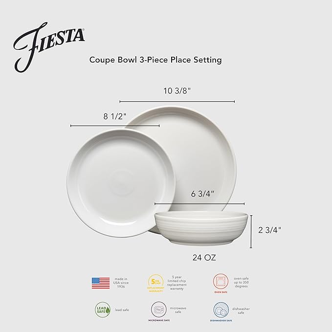 Fiesta® Bistro Coupe 3-Piece Dinnerware Set – Durable Ceramic Lead-Safe Dishwasher/Microwave/Oven Safe – Made in USA Dinnerware - Peony