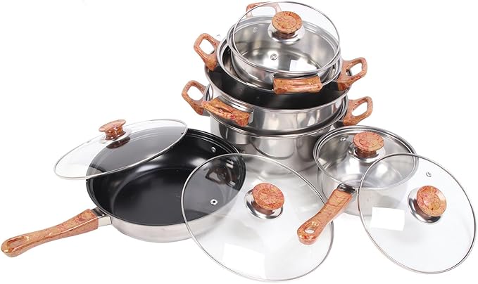 Stainless Steel Kitchen Cookware Set Chic Woodgrain Design for Stylish Home Cooking 6-Piece Pots Pans Set with Ergonomic Handle for Household