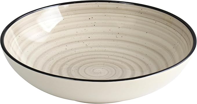24-Piece Stoneware Dinnerware Set – Round Two-Tone Hand-Painted Dishes with Swirl Design Service for 6 Microwave &amp Dishwasher Safe Tableware (Cream)