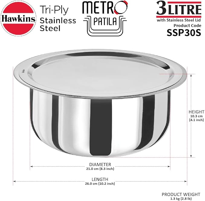 HAWKINS 3 Litre Metro Patila Triply Stainless Steel Tope with Stainless Steel Lid Induction Bhagona Tapeli Silver (SSP30S)