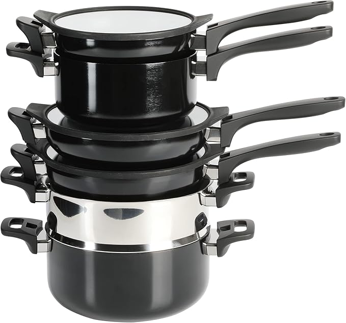 9 Piece Stackable Nonstick Aluminum Cookware Set with Lids Space Saving Pots and Pans for Kitchen Cooking