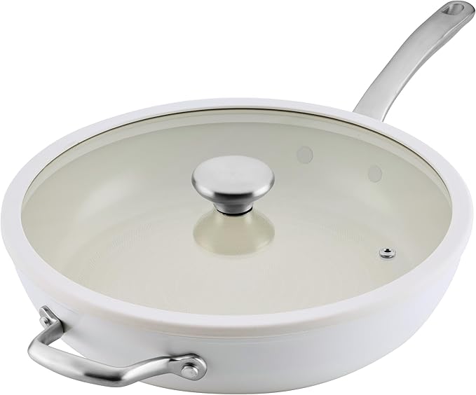 Circulon Halo with LaserDefense Ceramic Nonstick Frying Pan with Helper Handle and Lid Made without PFAS Compatible with All Stovetops Dishwasher and Oven Safe 12 Inch Skillet - Pearl White