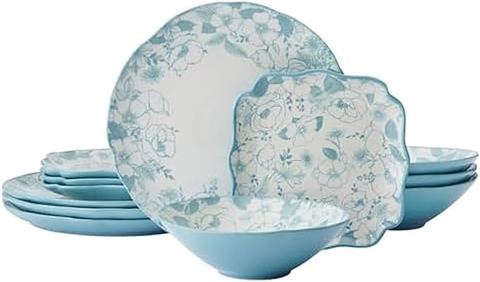 Pfaltzgraff Garden Blossom Floral 12 Piece Plate Bowl Dinnerware Set Blue