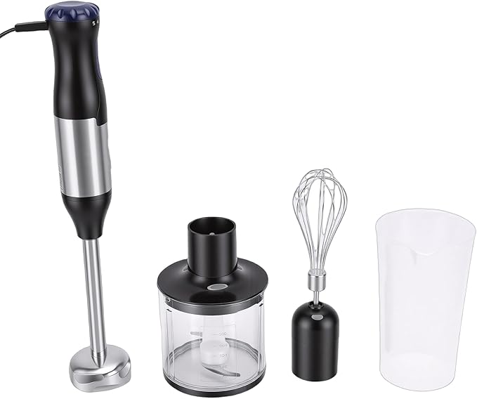 Semme Immersion Hand Blender Stainless Steel 4 in 1 Food Processor with 20 Speeds and Boost Button for Protein Shakes Soups Sauces Smoothies and Baby Food (US Plug 110V)