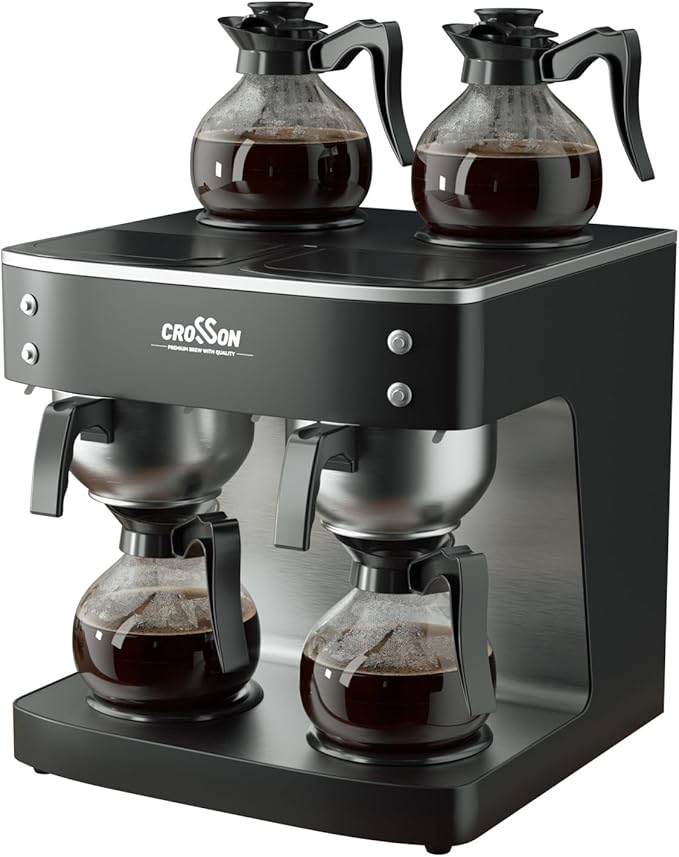 crosson 200 Cup/hour Commercial Drip Coffee Maker 7.2L Pour Over Coffee Brewer with 4 Glass Decanter&ampWarmers and Easy Clean Fingerprint Free Housing and 304 Stainless Steel Funnel