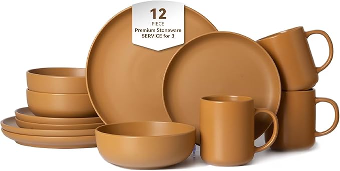 12-Piece Stoneware Dinnerware Set for 3 - Chip-Resistant Plates Bowls &amp Mugs Premium High-Density Stoneware Dishwasher &amp Microwave Safe Stackable Space-Saving Design with Matte Glaze(Orang