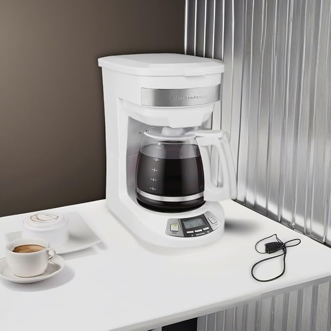 Hamilton Beach 12 Cup Programmable Drip Coffee Maker Machine Regular &amp Bold Brew Options Auto Pause and Pour Glass Carafe White (46294J)