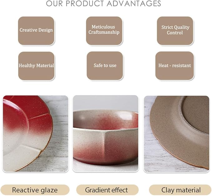 Ceramic Dinnerware Sets for 4 12 Pieces Dishes Set for Kitchen Porcelain Floral Plates and Bowls Set Microwave and Dishwasher Safe Scratch Resistant Underglaze painting (Gradient Red)