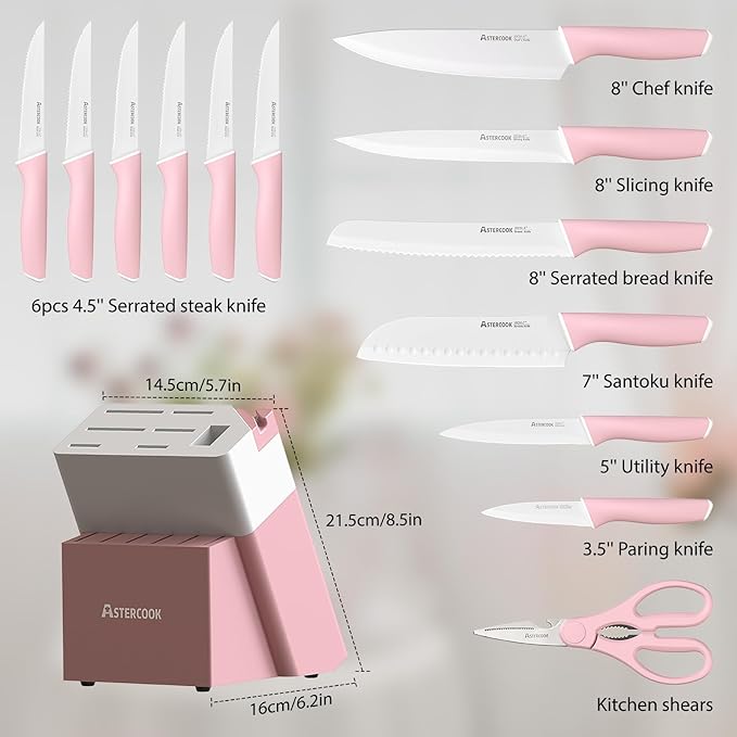 Astercook 21 Pcs Pots and Pans Set Non Stick with 15 Pcs Kitchen Knives Set with Block and Sharpener