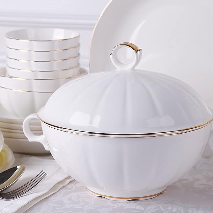 Dinner Set Porcelain Bone China Dinnerware Kitchen Dinning White Round Tableware Combination Set with Cereal Bowls Soup Plates (56 Pieces Service for 12 People)