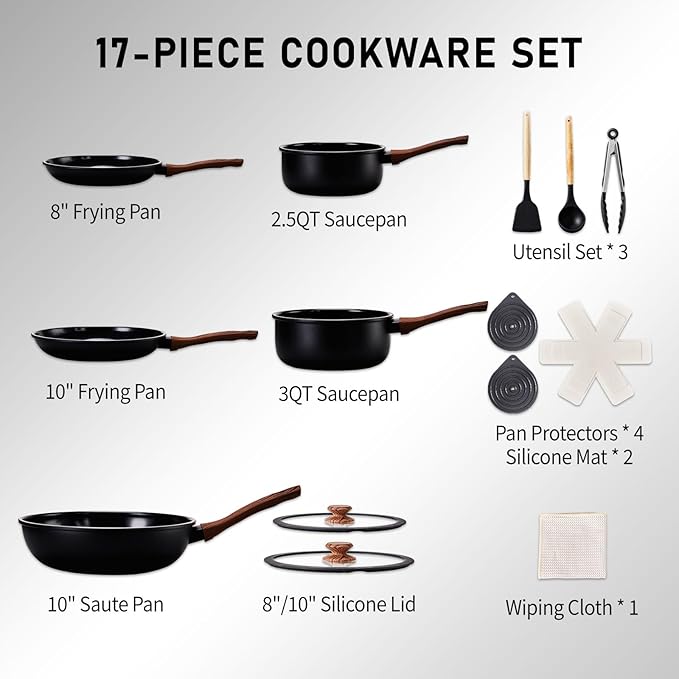 17-Piece Aluminum Cookware Set Black 5 Pots 2 Lids Non-Stick with Assembled Handles Household Kitchen Cookware Combination for Induction Cookers Gas Electric Stoves Black
