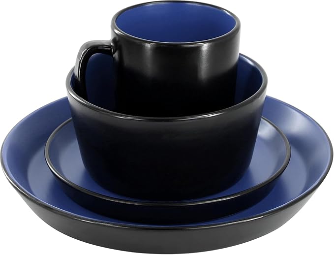 16 Piece Stoneware Dinnerware Set – Two-Tone Plates Bowls &amp Mugs for 4 Modern Matte Finish Microwave &amp Dishwasher Safe (Black/Blue)
