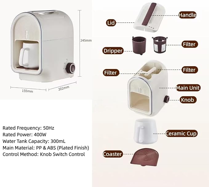Single Serve Coffee MakerMini Drip Coffee Machine for Grounds with Reusable Filter &amp Ceramic Cup 5-8oz Pour Over Coffee Maker for Travel RV Truck Office Home