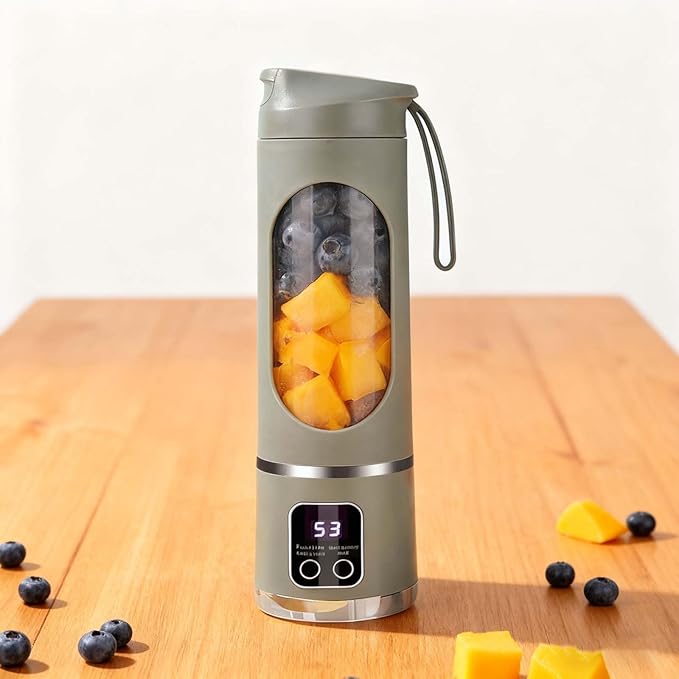 Portable Juicer USB Rechargeable 1500mah Battery 3 Speed Cooking Machine with Display 450ML Electric Juicer Easy Clean Design for Smoothies Ice Crushing Gym Fresh Fruit Juices (White)