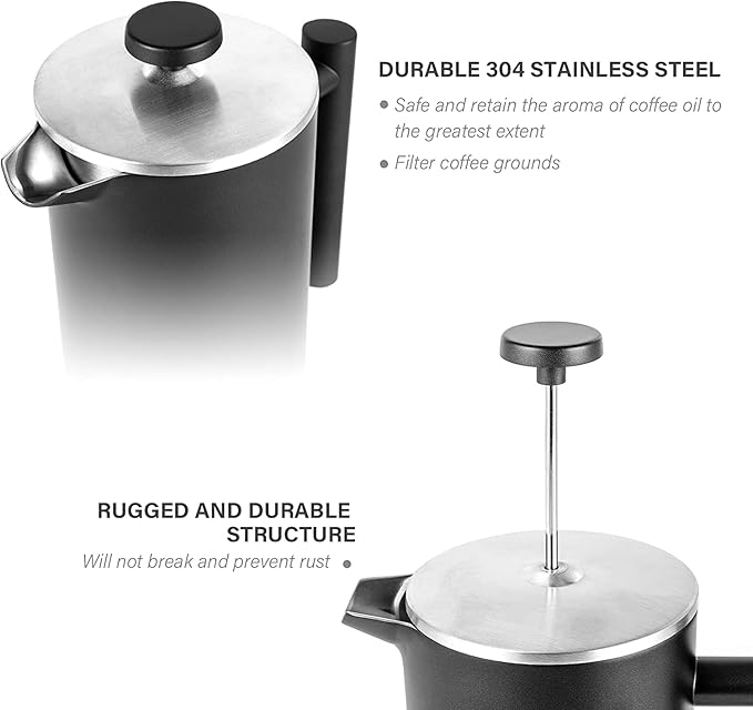 French Press Coffee Maker Double Wall 304 Stainless Steel Coffee Press with 60g Coffee Canister Black Dishwasher Safe 34oz (1L) (Black)