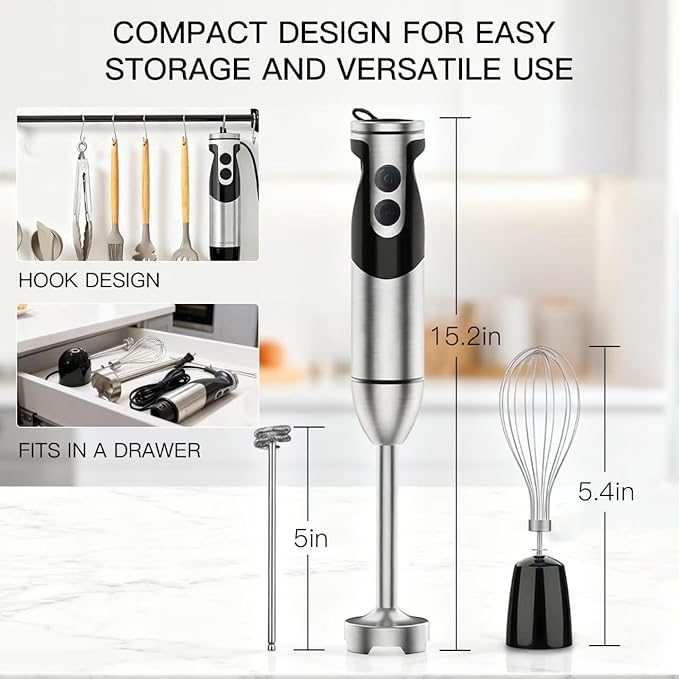 3-in-1 Immersion Hand Blender Powerful MOTOR 12-Speed Stick Blender with Sturdy Titanium Plated Stainless Steel Blades