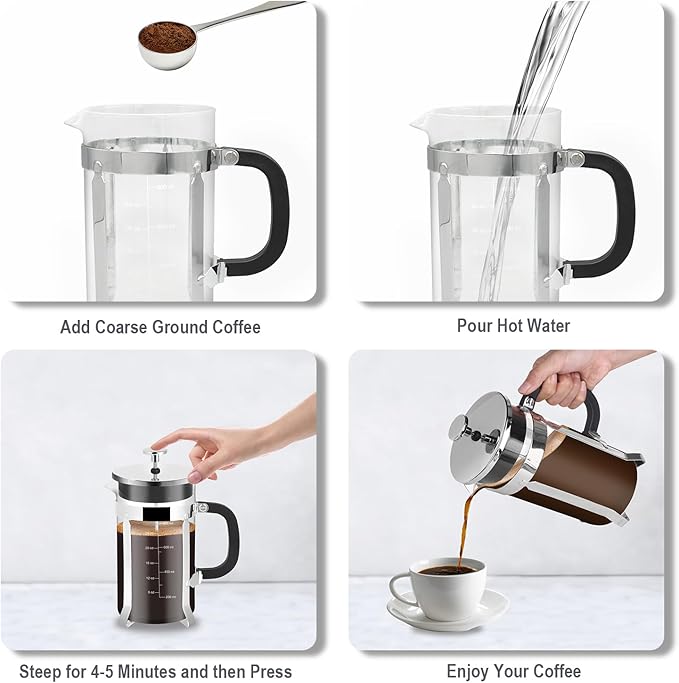 French Press Coffee Maker34oz 304 Stainless Steel with 2 Filter Heat Resistant Durable Easy to Clean Borosilicate Glass Press BPA Free Glass TeaPot-34 Ounce 1 Liter (Chrome)
