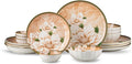 Plates and Bowls Sets for 4 16-Piece Dinnerware Set Ceramic Dish Sets for 4 with Camellia Floral Pattern Microwave &amp Dishwasher Safe for Everyday Use &amp Gift Giving