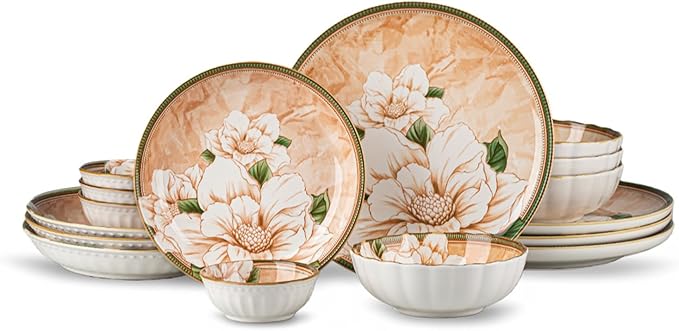 Plates and Bowls Sets for 4 16-Piece Dinnerware Set Ceramic Dish Sets for 4 with Camellia Floral Pattern Microwave &amp Dishwasher Safe for Everyday Use &amp Gift Giving