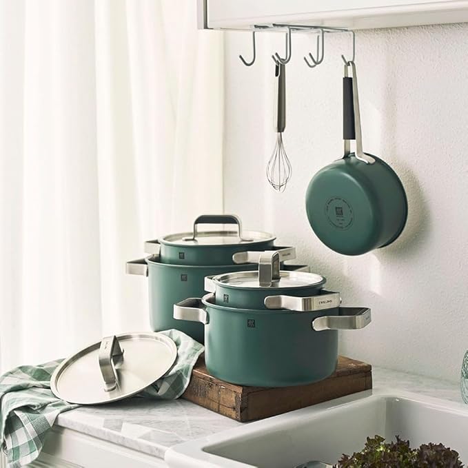 ZWILLING Pure Cookware Green Set of 3 3Ply Stainless Steel Coloured Ceramic Outer Coating Stay Cool Handles Dishwasher Safe