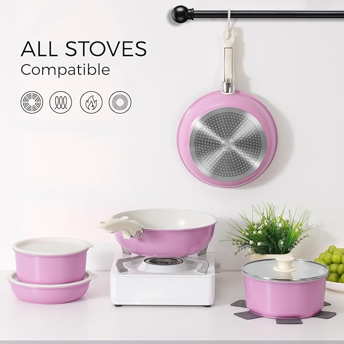 15Pcs Pots and Pans Set Non Stick Cookware Sets with Detachable Handle Nonstick RV Kitchen Cooking Tools Removable Handles Oven Safe Induction Fast Stackable Induction Cookware Pink