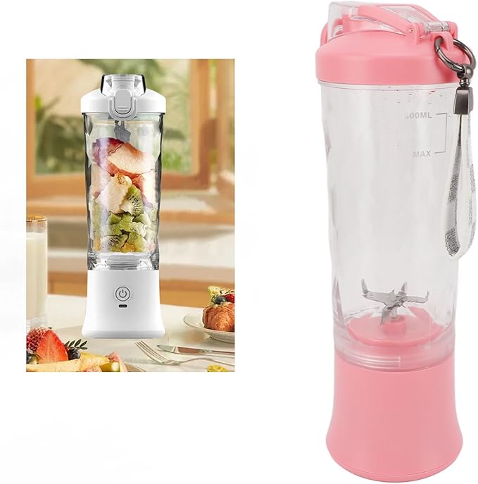Portable Blender USB Electric Blender Mini Juicer Cup with Stainless Steel Blades 2 Modes for Making Smoothies Juice Shakes for Travel Camping Gym Office 600ml (White) (Roseate)