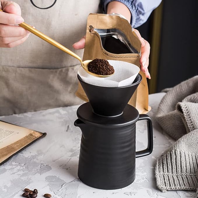 Ceramic Pour Over Coffee Maker SetPremium Black V60 Dripper and Hand Coffee Pot1-2 Cup Home Filter Coffee Maker-500ml